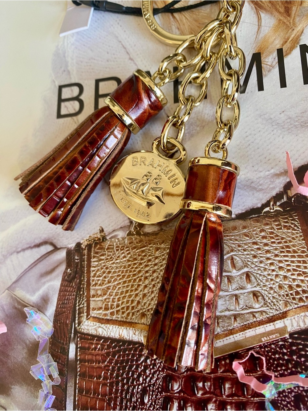 🌳🌳NEW BRAHMIN DOUBLE TASSEL LEATHER KEY RING / PURSE CHARM
